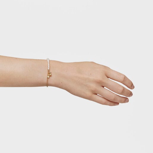 Bracelet chaîne ourson en argent plaqué or, perles de culture et péridot Bold Bear