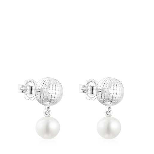 Orecchini St Tropez Disco in argento con orsetto a sfera e perle coltivate