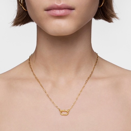 Short 18kt gold plating over silver Necklace with double pendant detail and ring Hold Oval