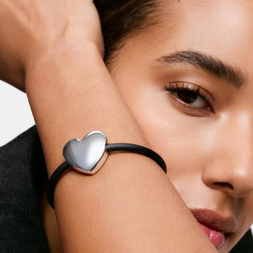 Pulsera corazón de plata y caucho 24 mm Bold Motif