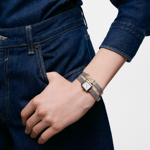 Reloj analógico con brazalete de acero con motivo, acero dorado y esfera de nácar ICON TIME EMBRACED