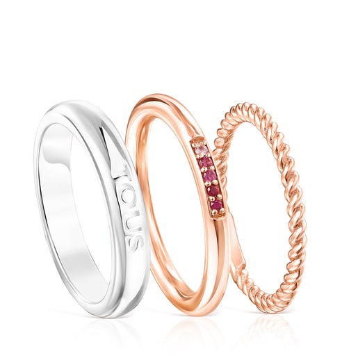 Tous Ring Mix – Sada třech prstenů ze stříbra a růžového stříbra Vermeil
