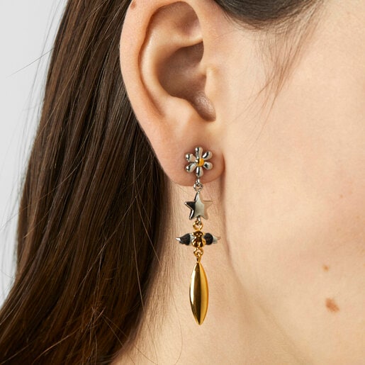 Boucles d’oreilles Fragile Nature longues en Acier/IP doré