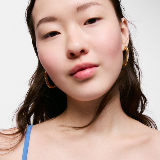 Pendientes de aro con baño de oro 18 kt sobre plata y diamantes creados en laboratorio 35 mm Line LGD