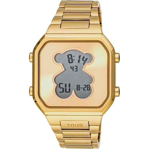 Relógio digital com bracelete em aço IPG dourado D-BEAR