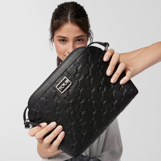 Black Leather T Script Crossbody bag
