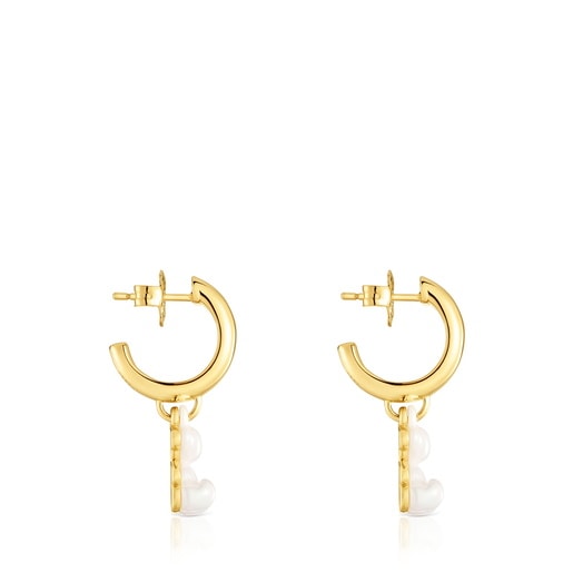 Aretes de aro con baño de oro 18 kt sobre plata, cerámica blanca y doble oso Bold Bear