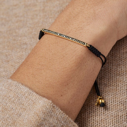 Nocturne bar Bracelet in Silver Vermeil with Diamonds and black Cord