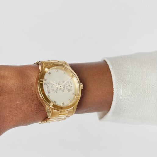 Analogue watch with gold-colored IPG steel wristband and crystals T-Logo |  TOUS
