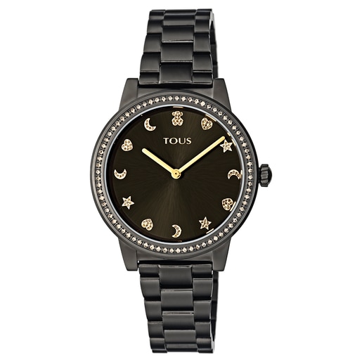 Black IP Steel Nocturne Watch with bezel with cubic zirconia stones