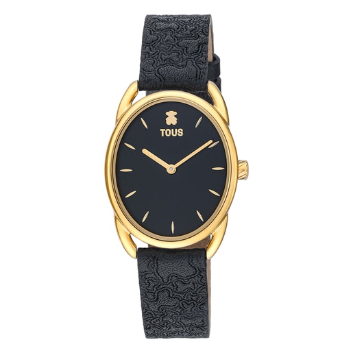 Steel Dai Analogue watch with black leather Kaos strap