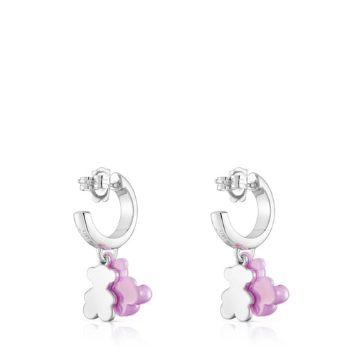 Aretes aro de plata con cerámica lila y doble oso Bold Bear