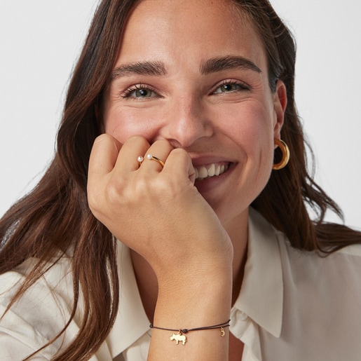 Pulsera Save rinoceronte con baño de oro 18 kt sobre plata y Cordón marrón