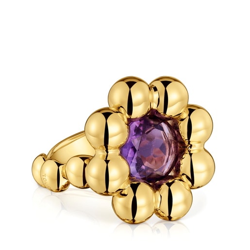 Anillo mediano flor con baño de oro 18 kt sobre plata y amatista Sugar Party