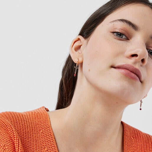 Rose Vermeil Silver TOUS Motif Earrings with Spinel and Ruby and Cross motif