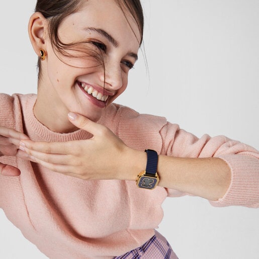 Часы D-Bear Teen из стали с золотистым ионным напылением и с синим силиконовым ремешком