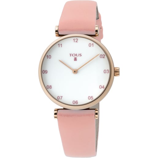 Reloj Camille de acero IP rosado con correa de piel rosa