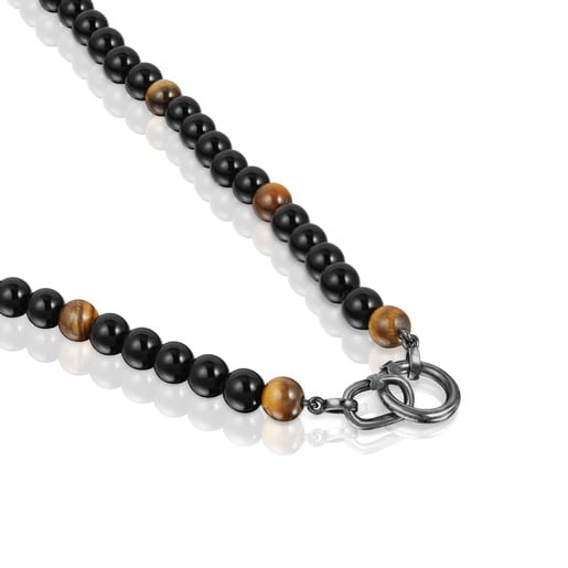 Aged Silver necklace with onyx, tiger’s eye, and Hold Man rings