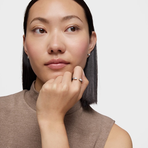 Platinum, black steel and lab-grown diamonds Open ring TOUS Mesh LGD