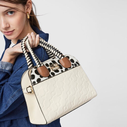 Bolso city pequeño de piel beige TOUS Script Premium