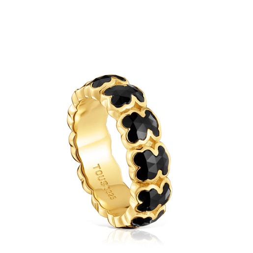 Mittelgroßer Ring TOUS Icon Color aus 18 kt vergoldetem Silber mit Bärenmotiven aus Onyx