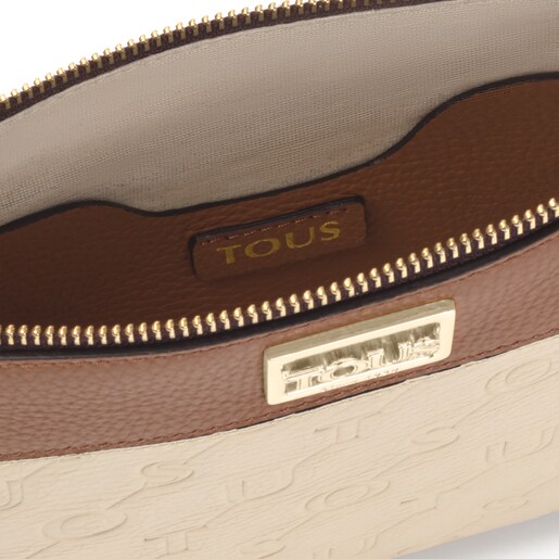 Beige and brown Leather T Script Clutch bag