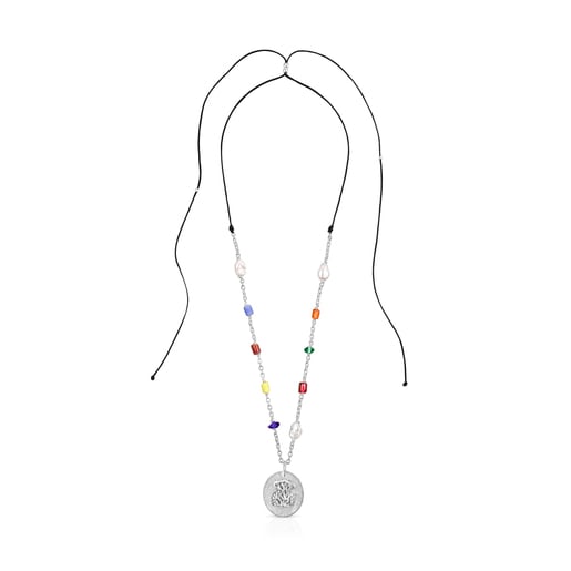 Long silver Oceaan cameo Necklace with multicolored glass and cord