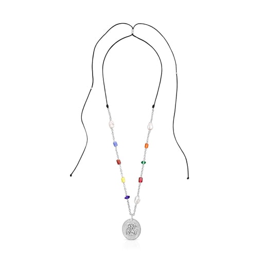 Collier Oceaan camaïeu long en argent, glass multicolore et cordon