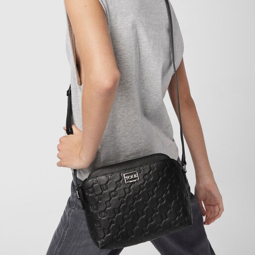 Black Leather T Script Crossbody bag