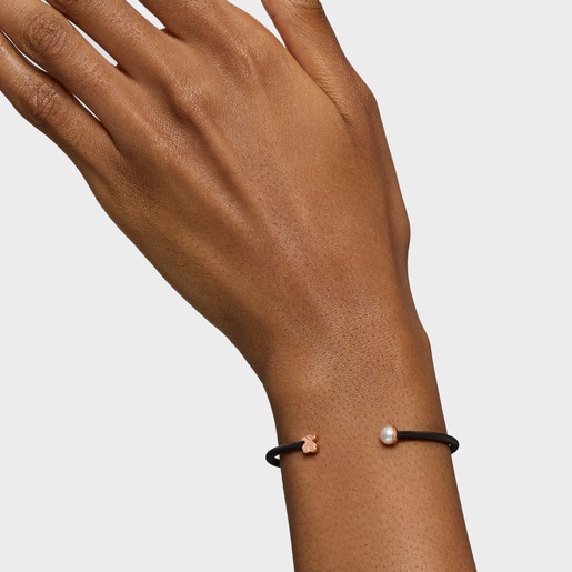 Black IP Steel and Rose Vermeil Silver Icon Mesh Bracelet with 6,5mm Pearl