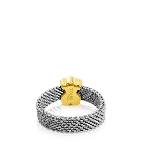 Anillo de acero y oro motivo oso estrecho Mesh