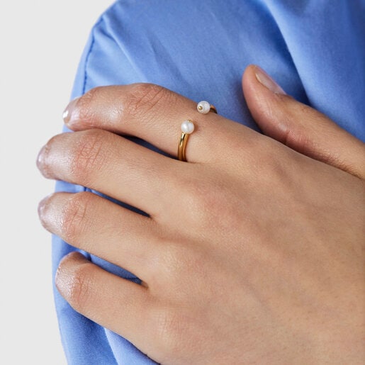 ゴールドコーティングシルバーにパールが付いたリング Batala