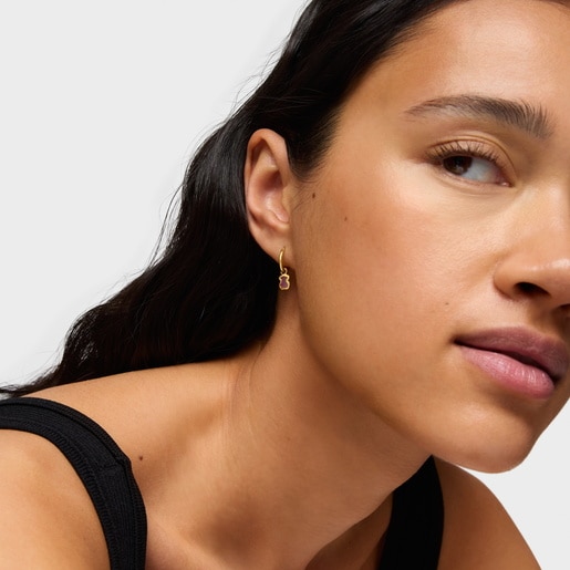 Aretes aro con baño de oro 18 kt sobre plata oso rosa Gregal