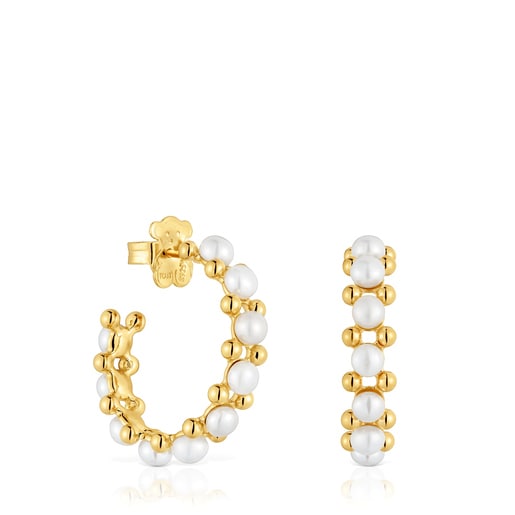 Potrójne kolczyki kreolki wykonane ze srebra pokrytego 18-karatowym złotem, z perłami hodowanymi, z kolekcji Gloss