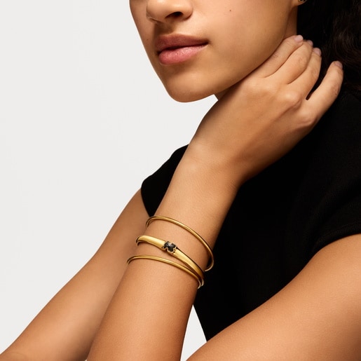 18kt gold plating over silver Bangle with onyx bear motif TOUS Icon Color