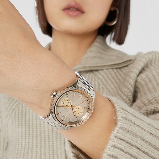 Reloj analógico multifunción con brazalete de acero y acero IP rosado T-Bear