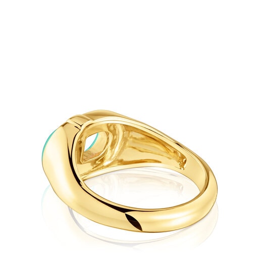 خاتم TOUS MANIFESTO منقوش من الفضة المطلية بالذهب عيار 18 قيراطًا مُرصّع بالإيناميل الأخضر
