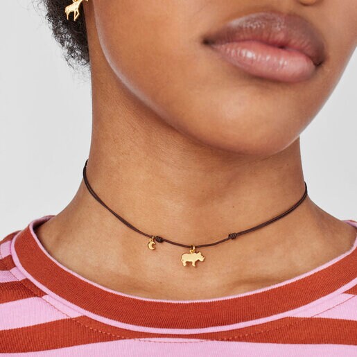 ゴールドコーティングシルバーにブラウンコードがついたサイネックレス Save