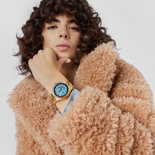 T-Shine Connect Smartwatch with gold-colored IP steel wristband with rainbow cubic zirconias