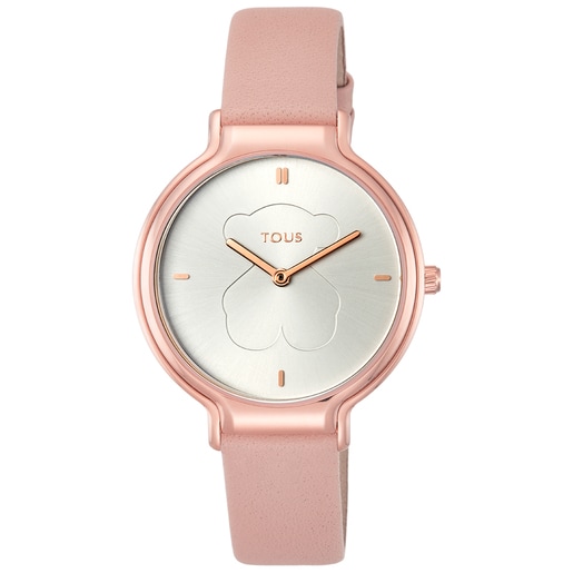 Rose IP Steel Real Bear Watch with nude Leather strap