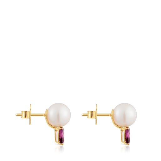 Gold Earrings with rhodolites and cultured pearl Ivette