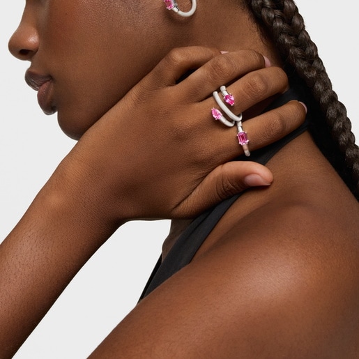 Anillo espiral de plata y gemas creadas en laboratorio TOUS Mesh LGG