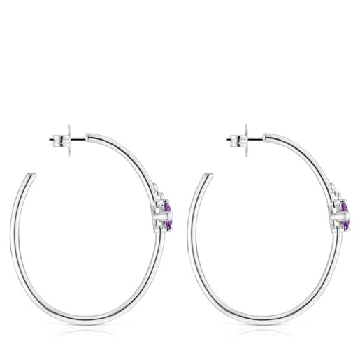 Boucles d’oreilles anneaux en argent et saphir lilas créé en laboratoire TOUS Color Lab