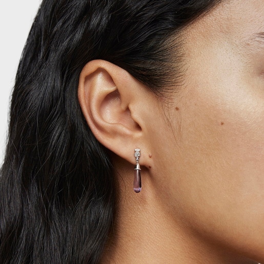 Short white-gold bear Single earring with diamonds and amethyst TOUS Grain
