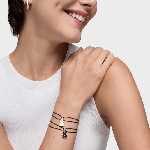 Pulsera doble oso de plata con cerámica negra y nylon negro Bold Bear