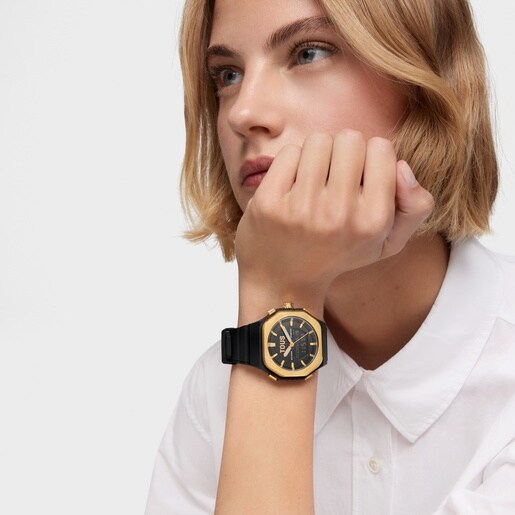 Reloj analógico/digital de acero dorado y brazalete de nylon negro Bet