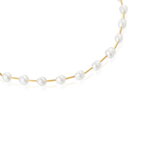 Trubičkový Obojkový náhrdelník Gloss ze stříbra pozlaceného 18karátovým zlatem s uměle vypěstovanými perlami