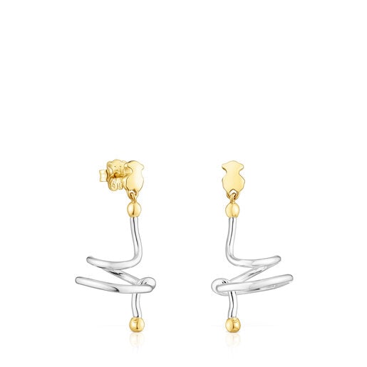 Aretes espiral de plata y baño de oro 18 kt sobre plata con oso St. Tropez