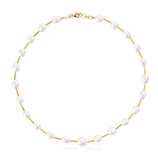 Tube Choker with 18kt gold plating over silver and cultured pearls Gloss