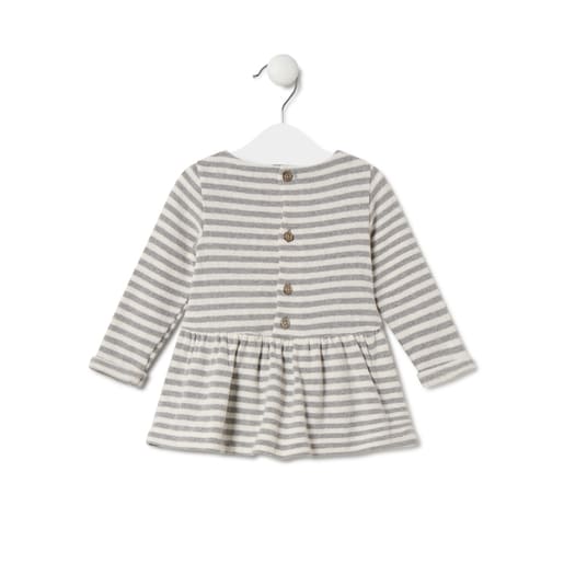 Girls striped dress with bear in Grey ecru